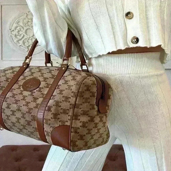 Authentic CELINE Blason pattern Suede Handbag Bostonbag Beige Vintage w/COA - Picture 3 of 14